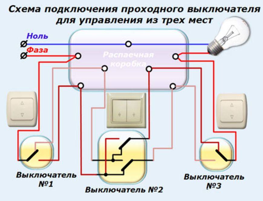 Подключение проходного выключателя одноклавишного с двух мест с одной лампой схема