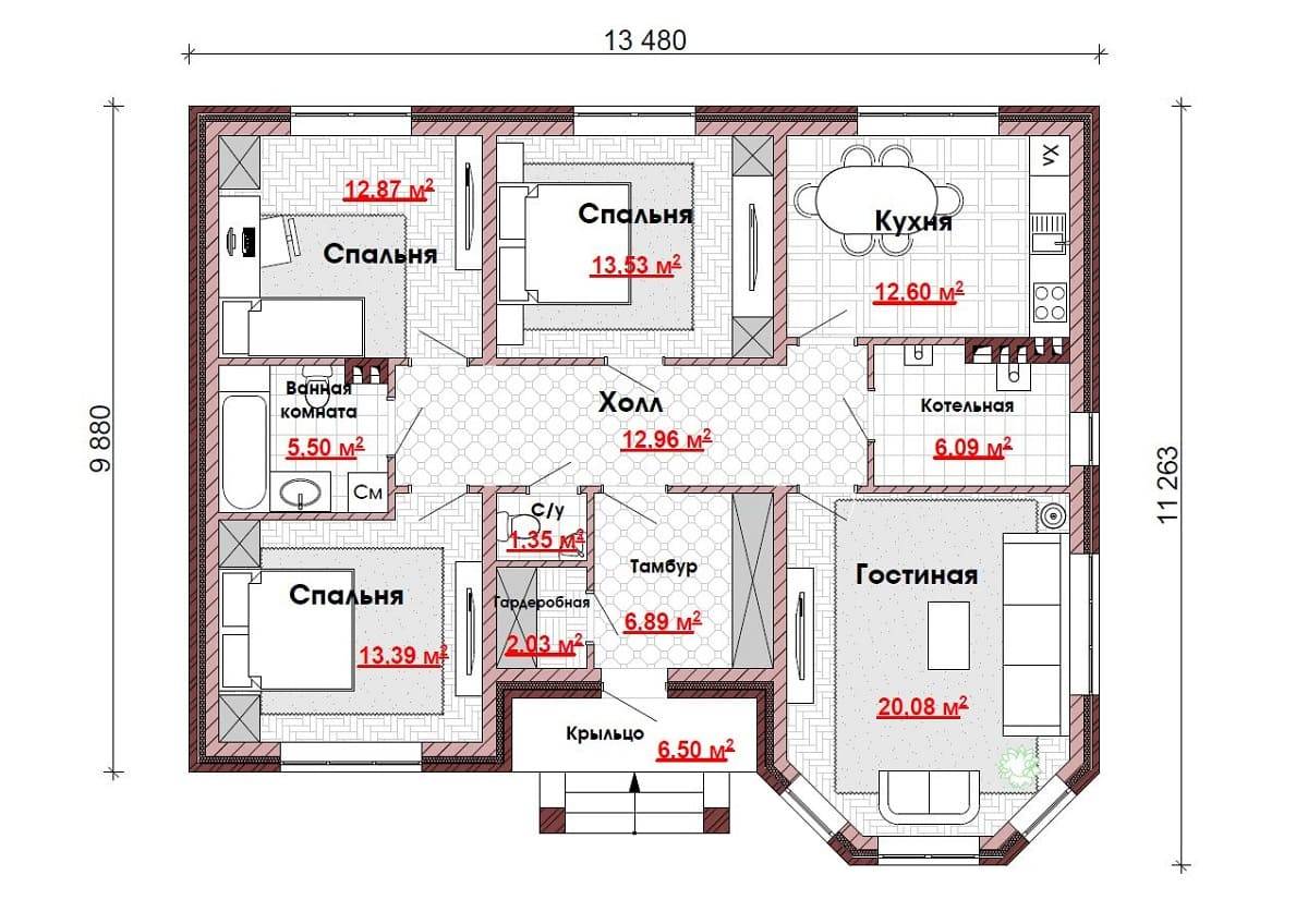 планировка дома 12 на 12 с 3 спальнями