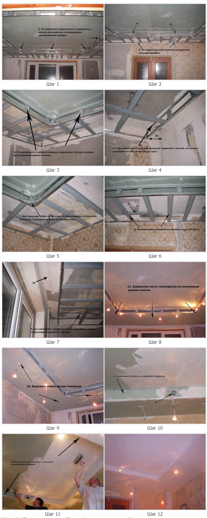 Двухуровневый потолок с подсветкой из гипсокартона своими руками, фото, по периметру, каркас