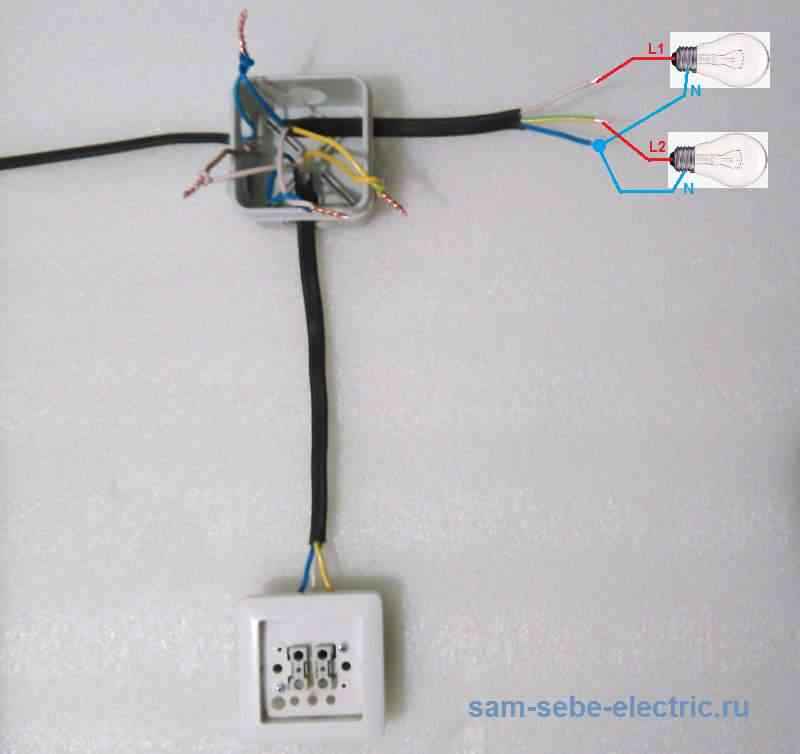 Как подключить выключатель с двумя клавишами на две лампочки схема подключения фото