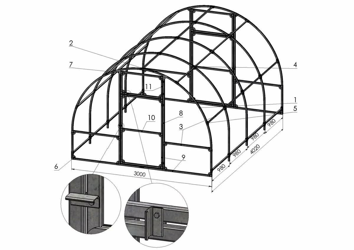 Схема сборки теплицы из поликарбоната 3 на 6 на болтах