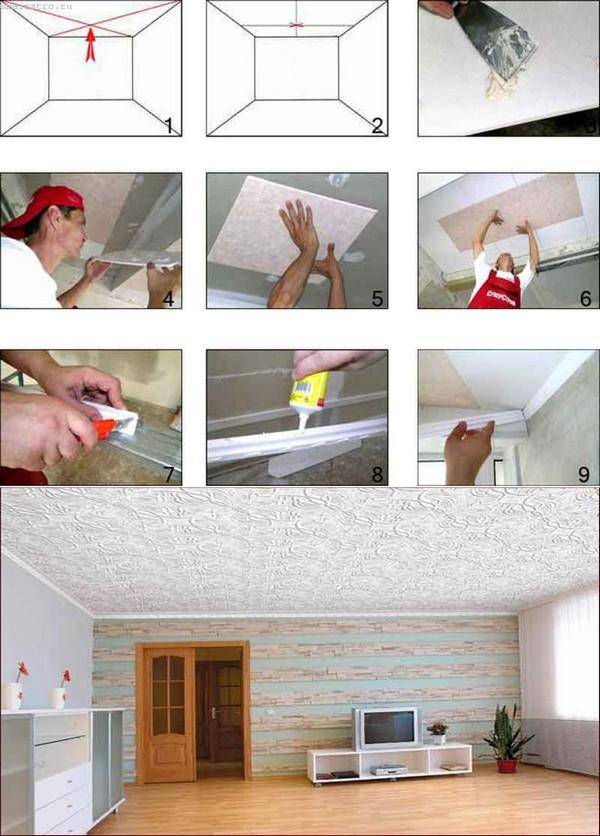 Поклейка плитки на потолок: подготовительные работы, порядок действий