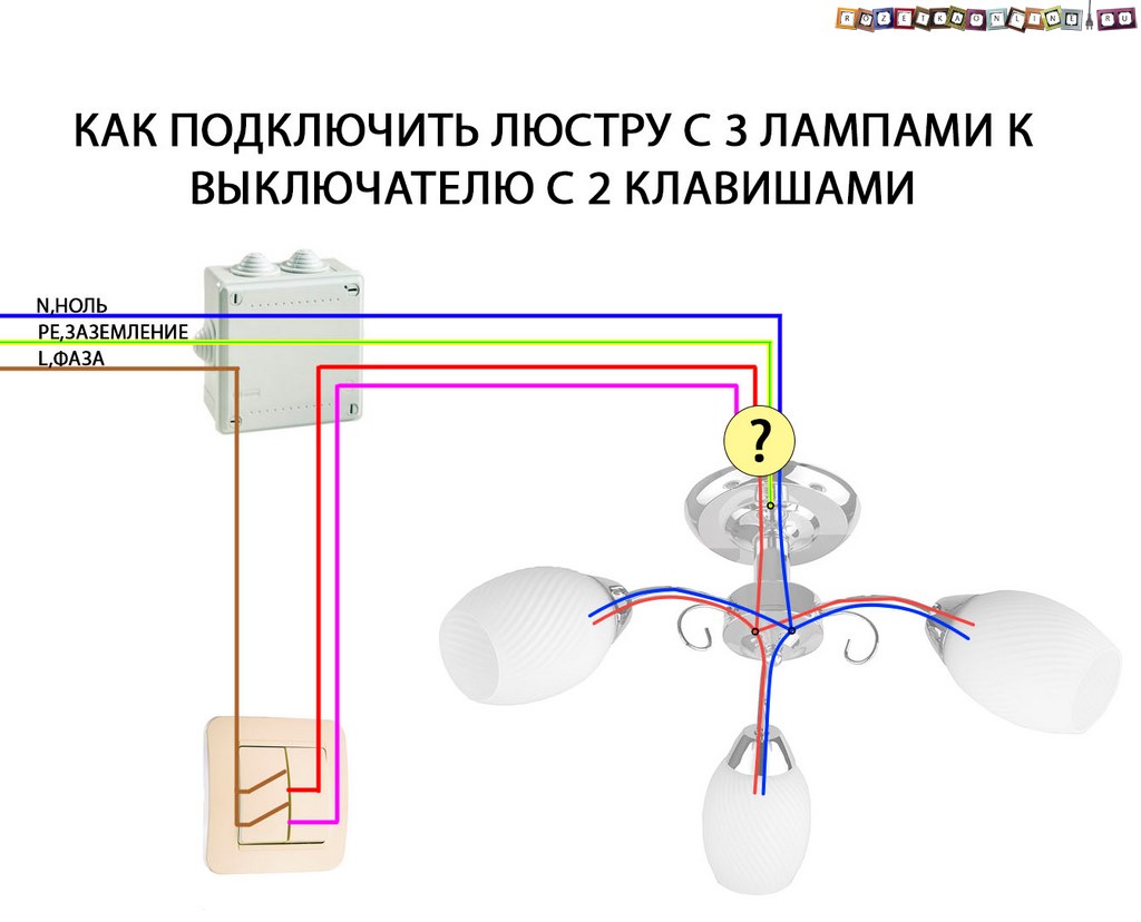 Подключение двойного выключателя к 3 проводам люстры схема