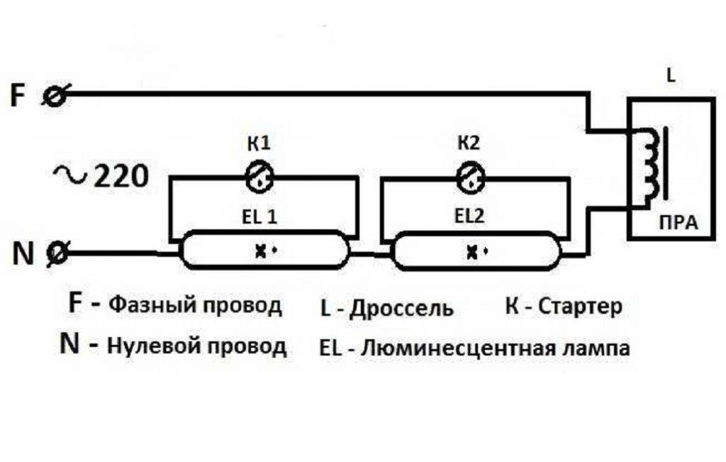 Простая схема подключения люминесцентных ламп