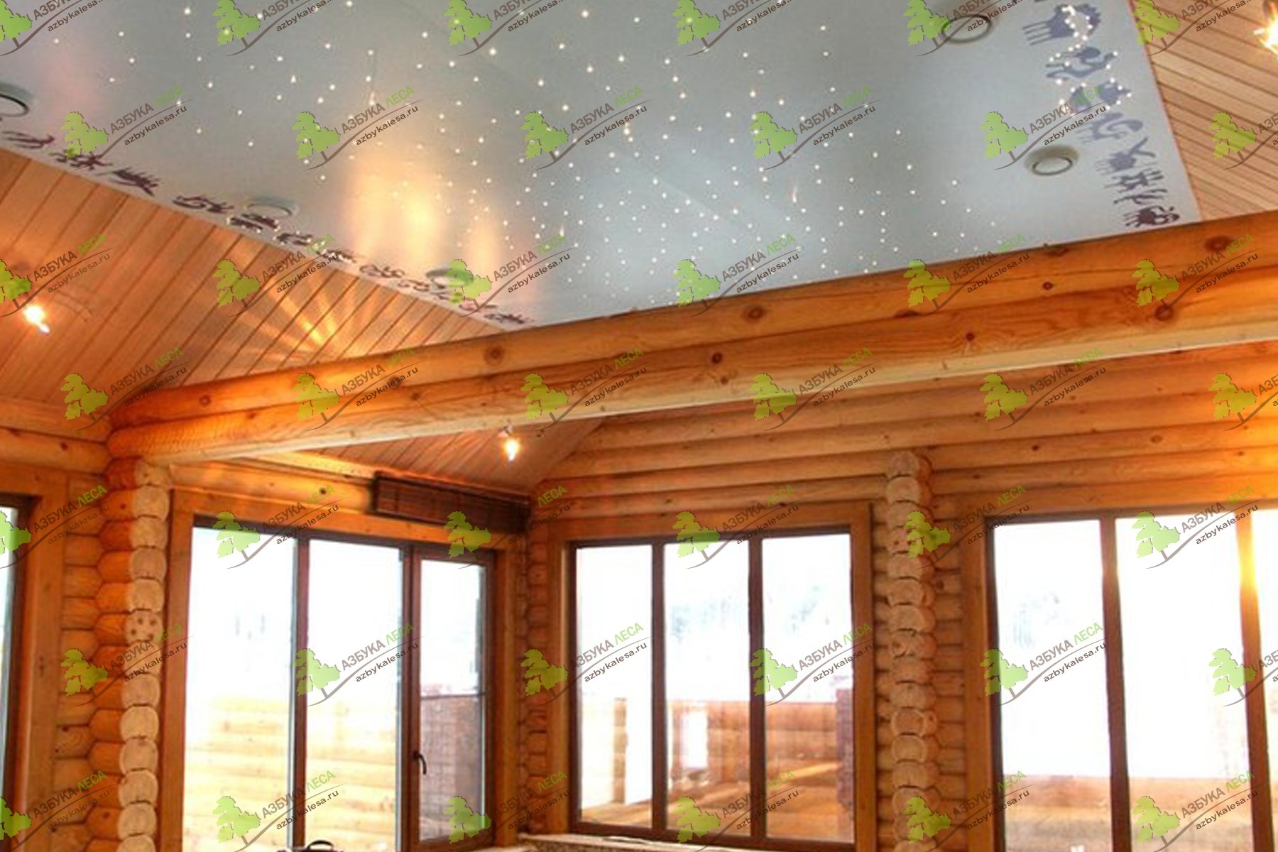 натяжной потолок в деревянном интерьере