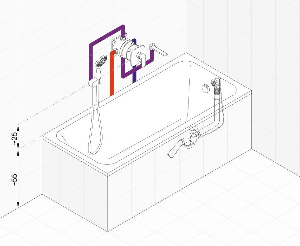 Высота крана от ванны. Схема подключения встраиваемого смесителя для ванны. Встроенный смеситель для ванны abens2071 схема установки. Излив для ванной скрытого монтажа схема монтажа. Высота смесителя для ванны схема.